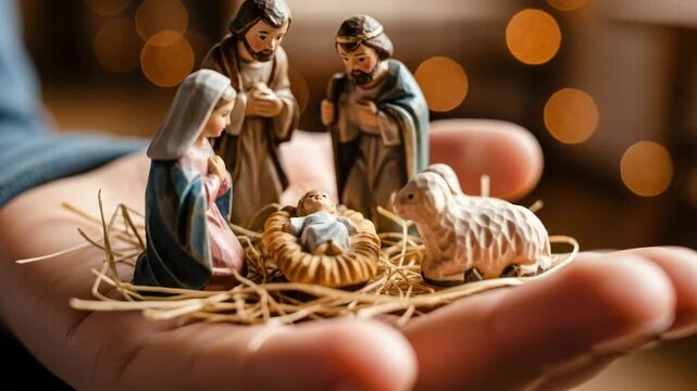 A man holds a miniature nativity scene with Mary, Joseph, baby Jesus and a shepherd with a lamb.