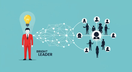 Bright leader with a lightbulb idea connecting to a professional team network.