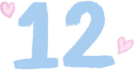 Blue Hand-Drawn Number 12 with Pink Hearts – Pastel Crayon Style Numbers for Kids Learning, Birthday Cards, and Cute Graphic Design