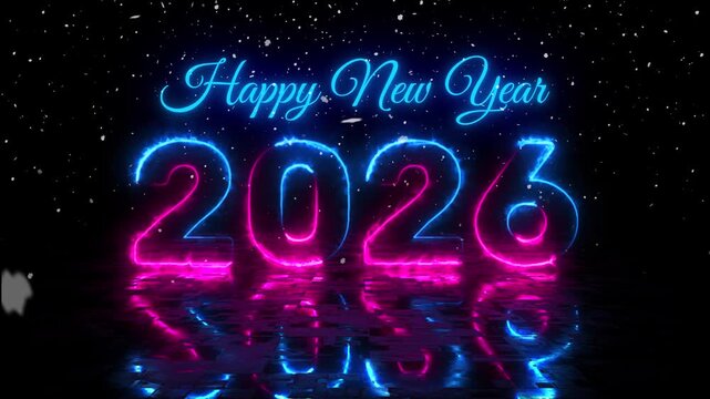 Happy new year 2026 futuristic cosmic bright red blue neon lights with snow falling animation