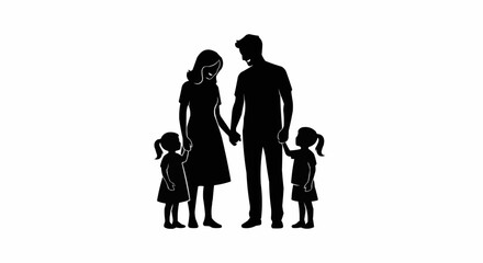 Silhouette of a happy family holding hands, featuring parents and two young children.