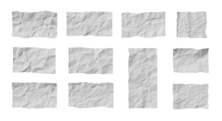 Collection of crumpled paper sheets isolated on white background for use as design elements and textures