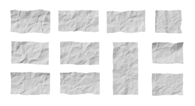 Collection of crumpled paper sheets isolated on white background for use as design elements and textures