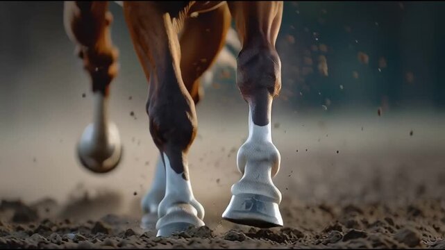 Close up of powerful horse legs galloping fast on dirt ground.