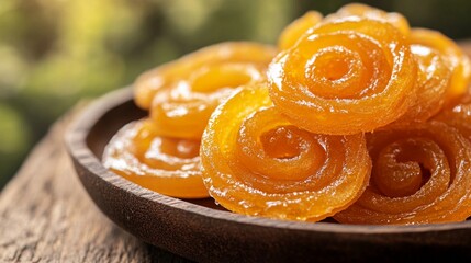Jalebi dripping with sugar syrup served on a rustic wooden board with soft morning light.
