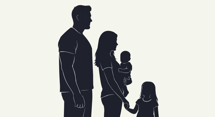 Silhouette of a young family with two children standing together.