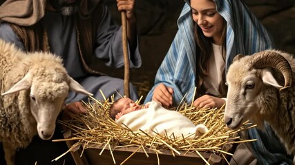 The Virgin Mary and Joseph with sheep look at the baby Jesus Christ in the manger, Nativity scene