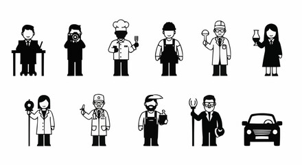 Vector icon set of various professions and occupations silhouettes.