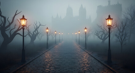 Obraz premium Foggy pathway lined with vintage lamps symbolizing solitude peace and mystery in atmospheric landscape photography