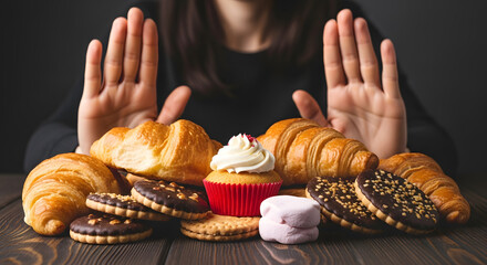 Person refusing unhealthy pastries Hands pushed forward rejecting cupcakes doughnuts and sweets
