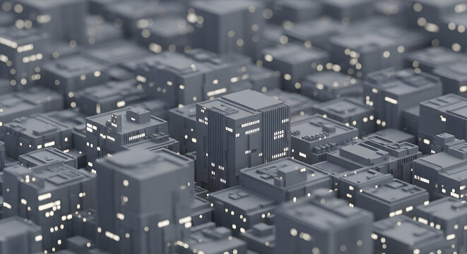 Futuristic city model made of cubes symbolizing innovation technology and architectural design in digital visualization concept