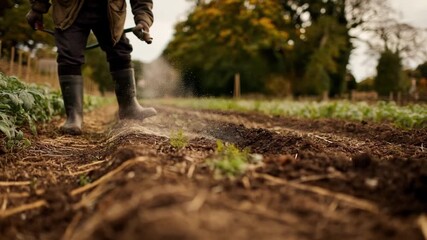 Medium shot of a gardener spreading beneficial nematodes over soil beds to combat harmful insect larvae in sustainable farming.