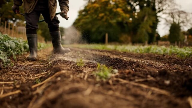 Medium shot of a gardener spreading beneficial nematodes over soil beds to combat harmful insect larvae in sustainable farming.