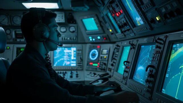 Focused Naval Officer Monitoring Radar Screens on Indian Navy Ship During Nighttime Operations, Headset On