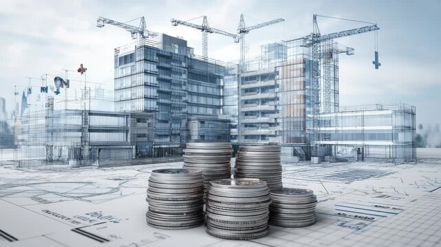 Blueprint for hospital construction project showing investment details and architectural design plans in modern urban setting