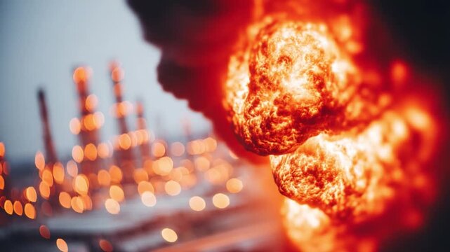 Industrial Catastrophe: An immense explosion erupts in an industrial area, a dramatic visual representation of a major disaster and its dire consequences.