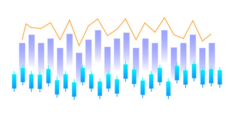 Bar Graph and Candlestick Chart with Orange Trend Line for Financial Market Analysis Isolated on PNG
