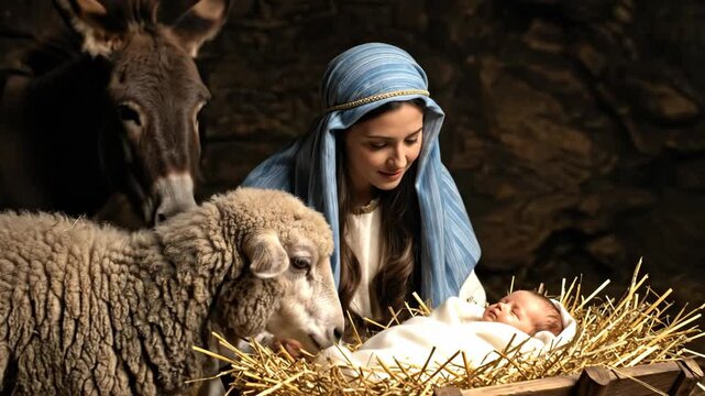 The Virgin Mary and animals observe newborn baby Jesus in manger, religious nativity scene of Christmas
