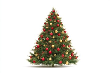 Fototapeta premium 3D rendering from a front view, depicting a simple yet surreal Christmas tree decorated with gold and red ornaments, in a highly detailed collage style, on a white background.