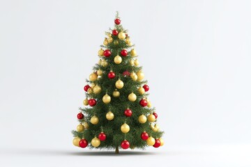 3D rendering from a front view, depicting a simple yet surreal Christmas tree decorated with gold and red ornaments, in a highly detailed collage style, on a white background.