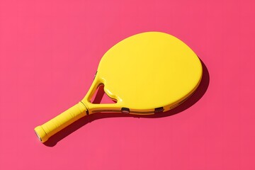 A plain yellow padel racket with no text or motifs, placed on a padel court. The padel court is pink.