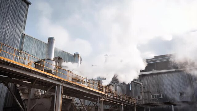Medium shot of industrial drying equipment processing sewage sludge showcasing steam and mechanical handling in an ecofriendly waste treatment facility.