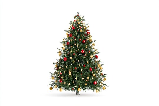 3D rendering from a front view, depicting a simple yet surreal Christmas tree decorated with gold and red ornaments, in a highly detailed collage style, on a white background.