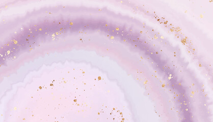 Abstract amethyst stone background design with natural texture and gold glitter splash.