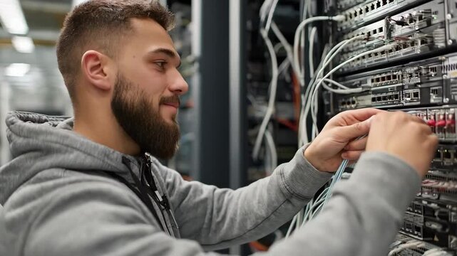 Network professional testing ports on a managed switch rack optimizing network performance and troubleshooting in a secure server room setting.