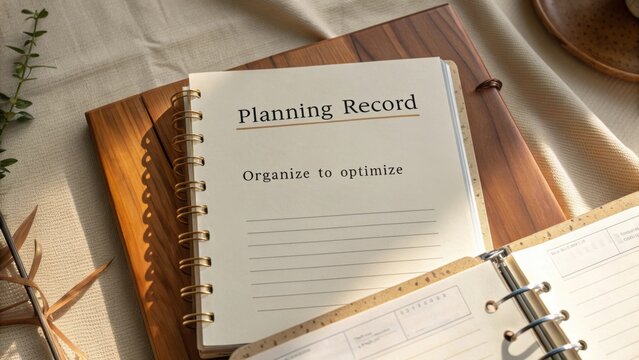 Stylish planning record on a wooden surface with natural decor, encouraging organization and optimization for productivity