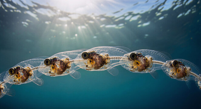 Photorealistic macro image of a transparent chain of salps floating in clear blue ocean water, sunlight shining through their glass-like bodies, revealing internal details.