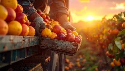 Wooden crates filled with freshly harvested fruit, such as apples and oranges. This scene was taken at sunset in an orchard, highlighting the hard work and bountiful harvest.t