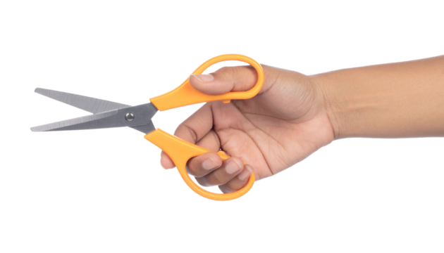 Woman Hand Using Yellow Scissors, Isolated on Transparent Background
