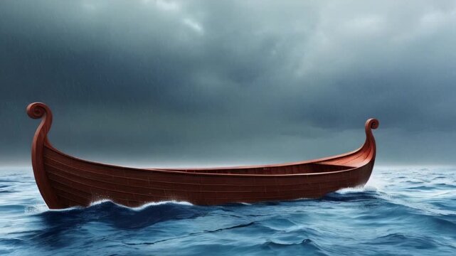 wooden boat in the sea , Noah's Ark amidst the pouring rain during the flood created with generative ai	
