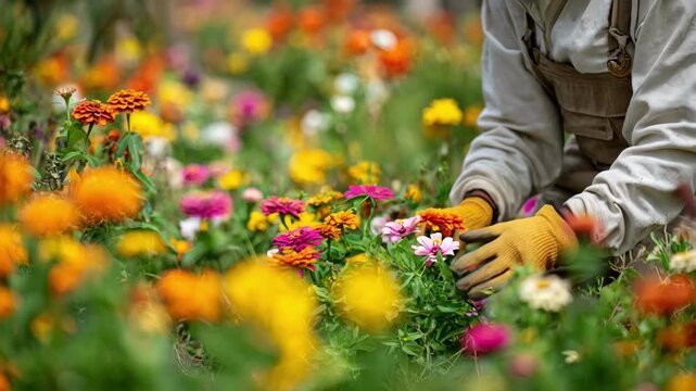 Medium shot of a horticulturist selecting various flower varieties to create balanced seasonal transitions ensuring sustained color and texture in the garden.