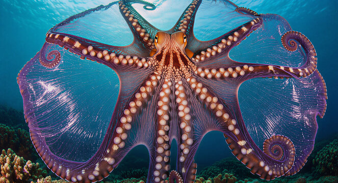 Ultra-detailed underwater photograph of a female blanket octopus (Tremoctopus violaceus) spreading her colorful membrane like silk, glowing under soft ocean light, captured in natural realism.