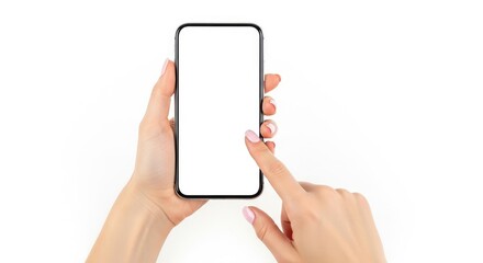 Female hands touching blank smartphone screen mockup isolated white.