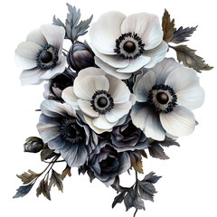 Elegant bouquet of delicate white anemone flowers with dark foliage isolated on transparent background
