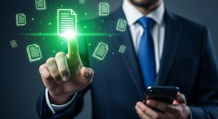 Business professional interacting with digital documents on a futuristic interface