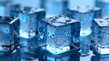 Closeup of glistening ice cubes with water droplets creating a refreshing and cool ambiance perfect for summer drinks and beverage advertisements on a bright blue background
