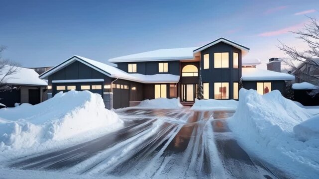Suburban street and houses illuminated by a nighttime lightning storm created with generative ai	
