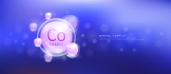 Cobalt minerals the form pink circle inside a transparent bubble. Mineral vitamins complex essential supplement health. Food nutrition and medicine. Science medical concept. Banner vector.
