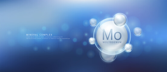 Molybdenum minerals the form grey circle inside a transparent bubble. Mineral vitamins complex essential supplement health. Food nutrition and medicine. Science medical concept. Banner vector.