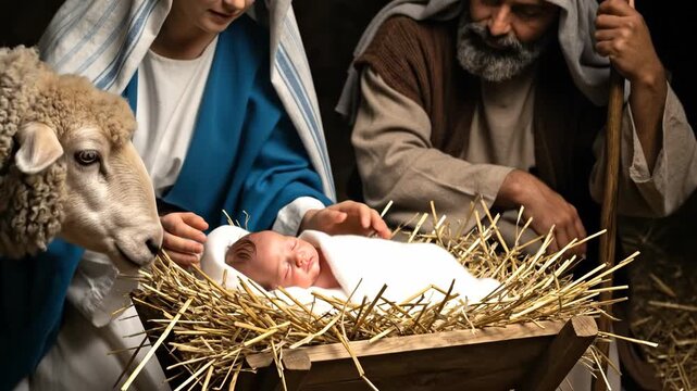 Nativity scene of Mary placing baby Jesus Christ in the manger as Joseph watches over in the stable on Christmas night.