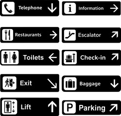 Public Directional Signs Set: Airport, Mall, and Building Navigation Icons