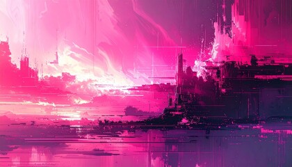 The visual effect creates the impression of glitch art or digital distortion, with chaotic vertical and horizontal lines, resembling a reflection of a city on water. The work exudes an intense atmospd