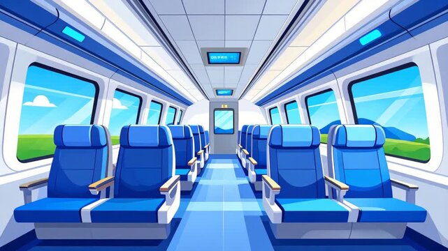 Empty interior of a modern high-speed train carriage with blue seats and large windows showing a green landscape.