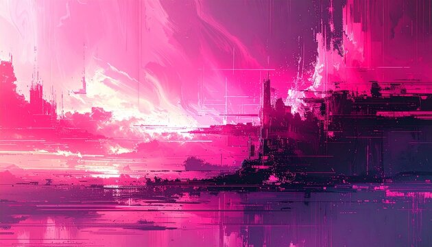 The visual effect creates the impression of glitch art or digital distortion, with chaotic vertical and horizontal lines, resembling a reflection of a city on water. The work exudes an intense atmospd