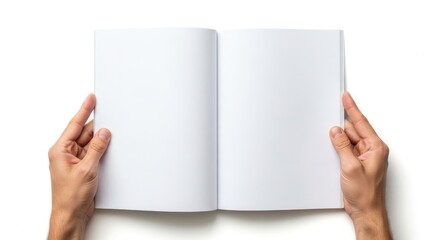 Hands Holding Blank Open White Book Mockup Isolated on White