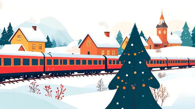 A festive red train travels through a snowy village with a decorated Christmas tree in the foreground.